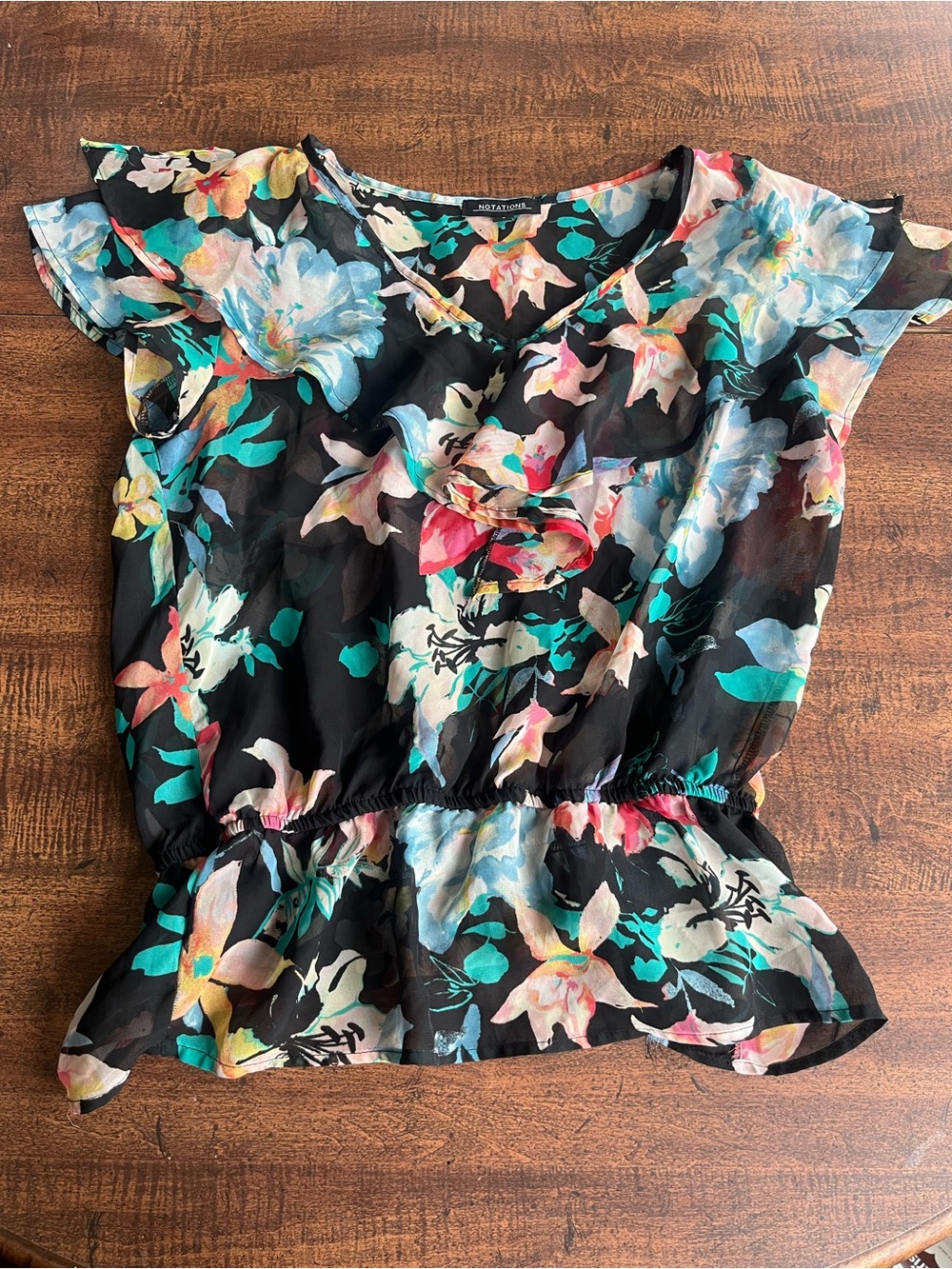 Notations Women’s Floral Tropical Blouse Small Black Sheer Flutter Sleeve Peplum